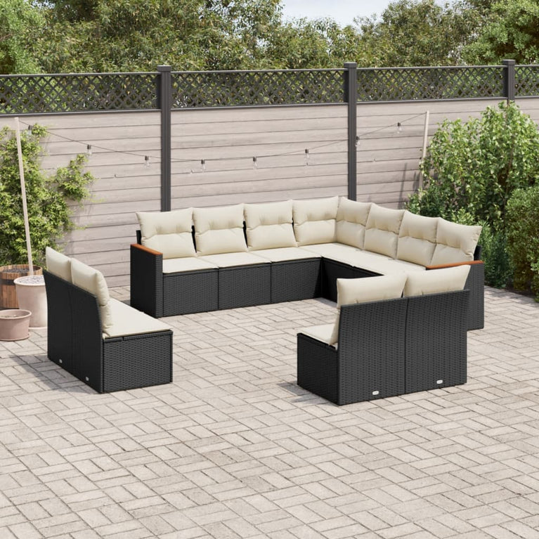 11-delige Loungeset met kussens poly rattan zwart