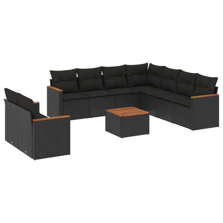 10-delige Loungeset met kussens poly rattan zwart