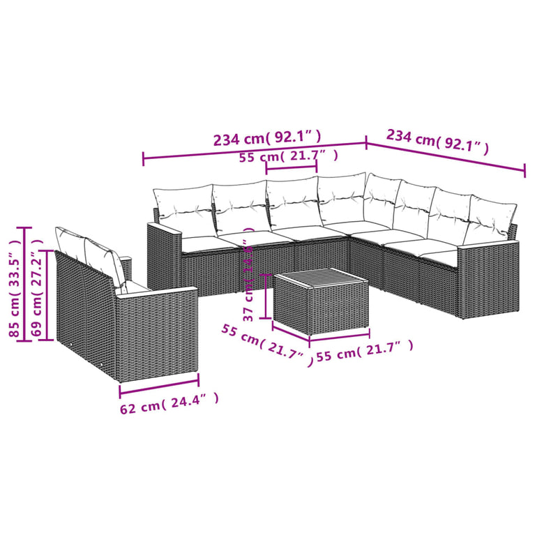 10-delige Loungeset met kussens poly rattan gemengd beige