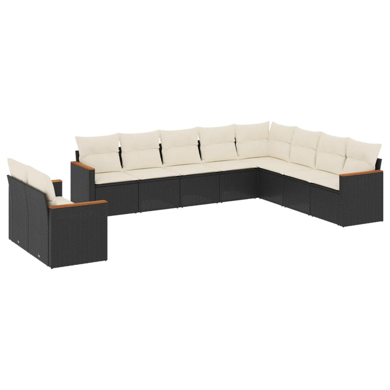 10-delige Loungeset met kussens poly rattan zwart