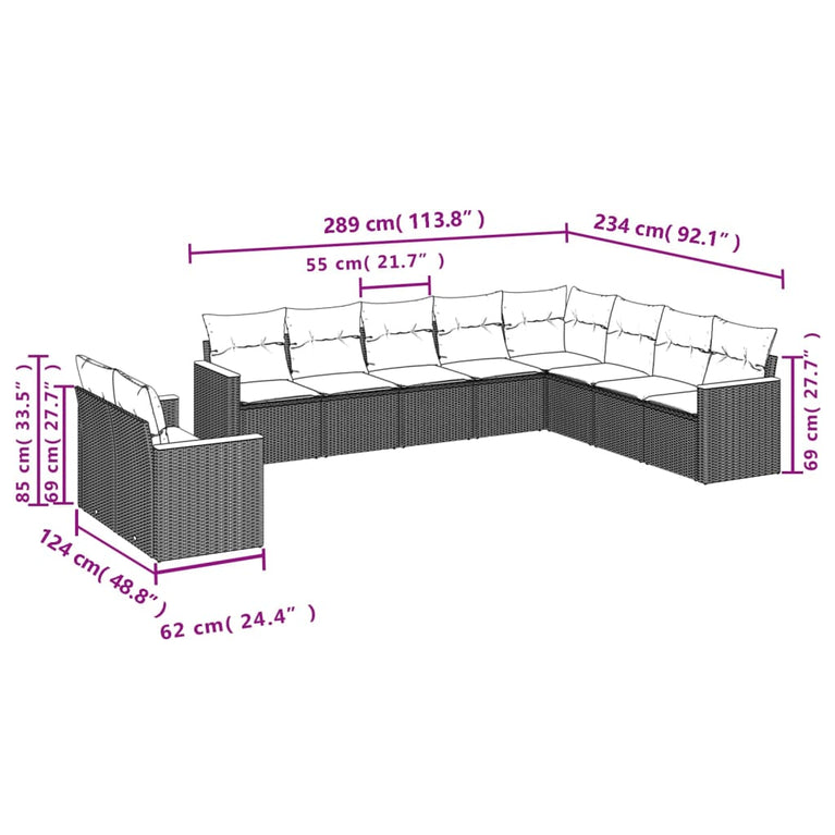 10-delige Loungeset met kussens poly rattan gemengd beige