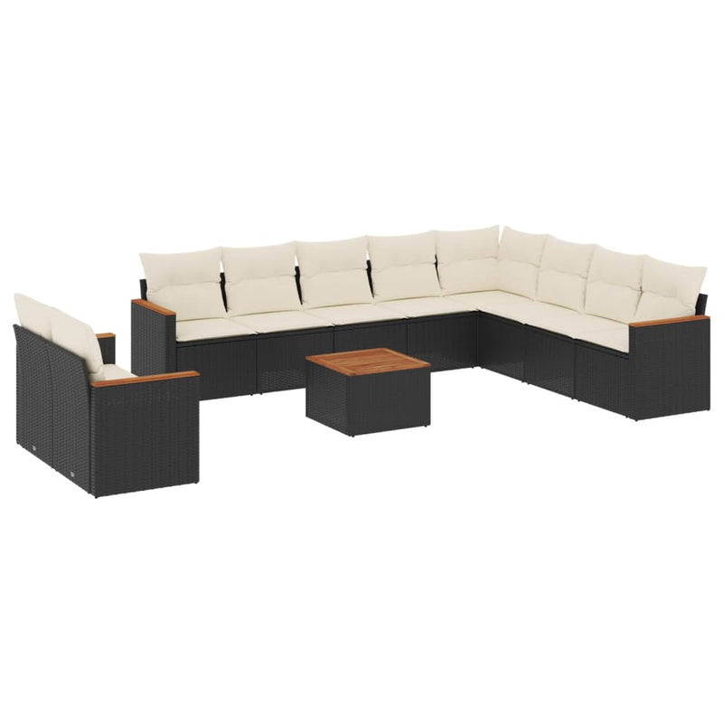 11-delige Loungeset met kussens poly rattan zwart