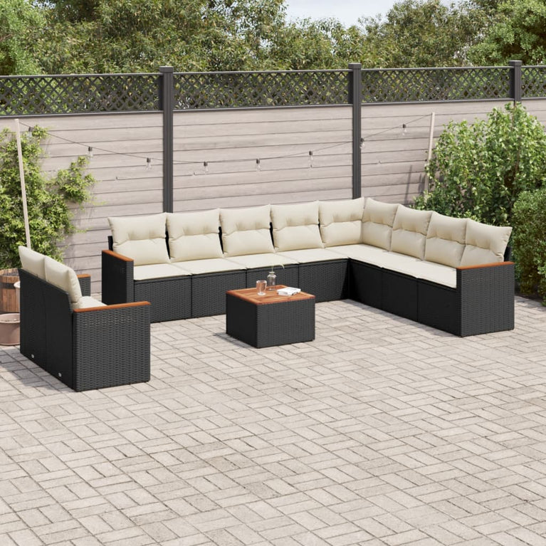 11-delige Loungeset met kussens poly rattan zwart