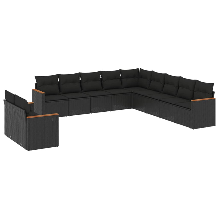 11-delige Loungeset met kussens poly rattan zwart