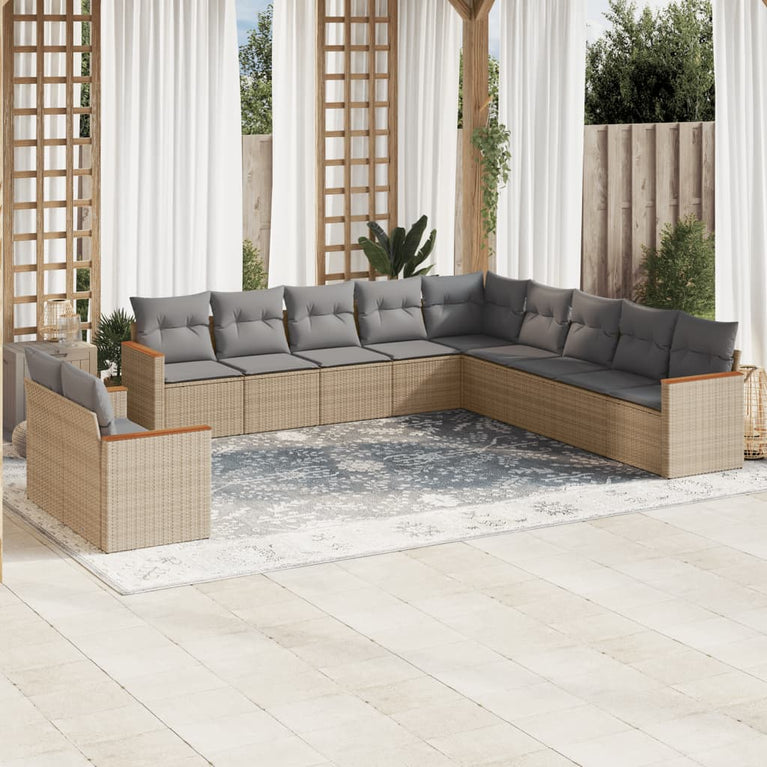 11-delige Loungeset met kussens poly rattan gemengd beige