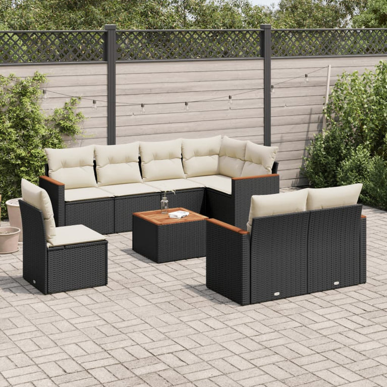 9-delige Loungeset met kussens poly rattan zwart
