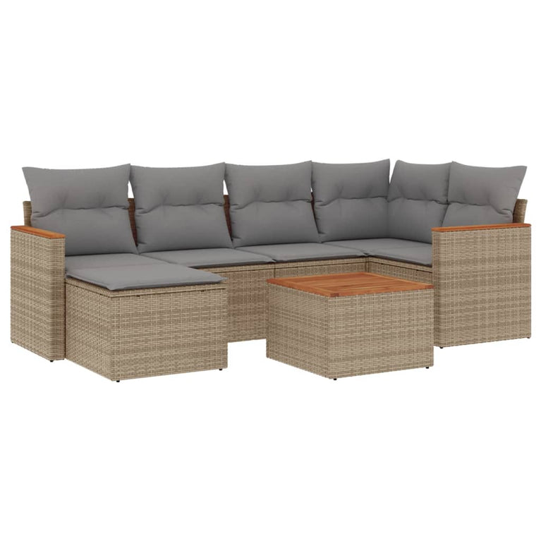 7-delige Loungeset met kussens poly rattan gemengd beige