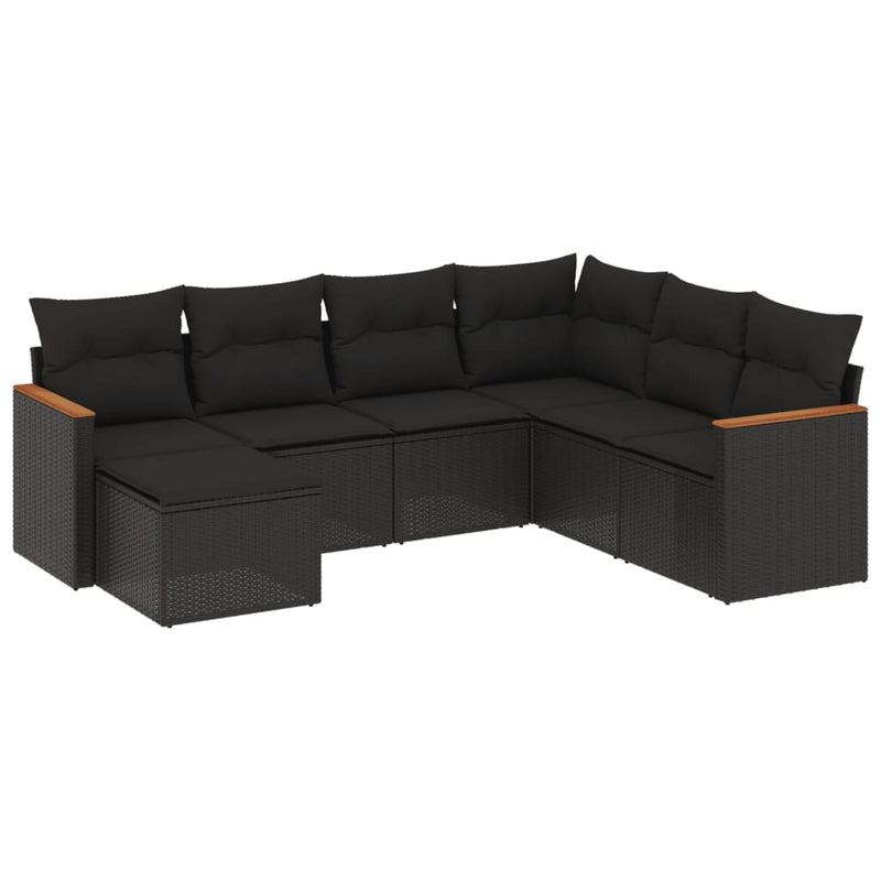 7-delige Loungeset met kussens poly rattan zwart