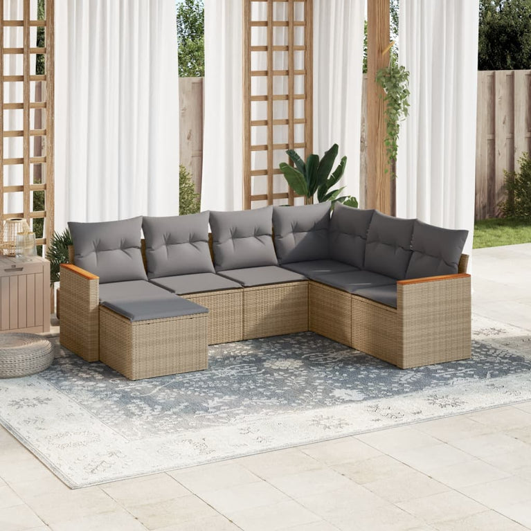 7-delige Loungeset met kussens poly rattan gemengd beige