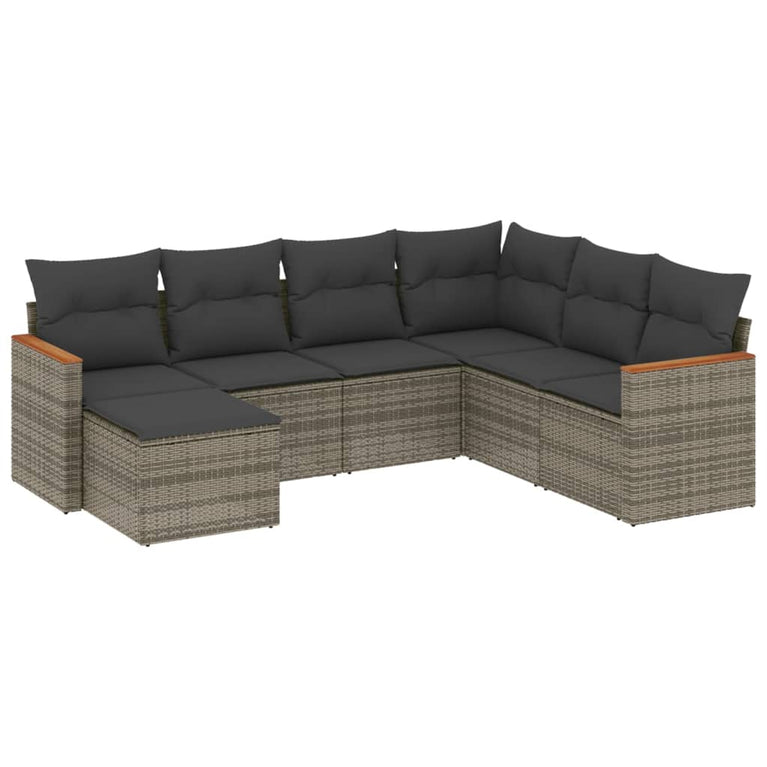 7-delige Loungeset met kussens poly rattan grijs