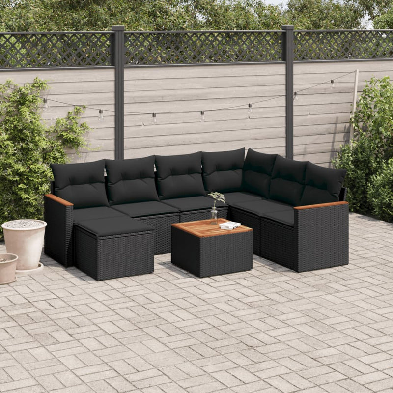 8-delige Loungeset met kussens poly rattan zwart