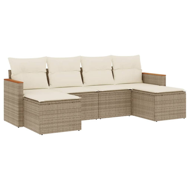 6-delige Loungeset met kussens poly rattan beige