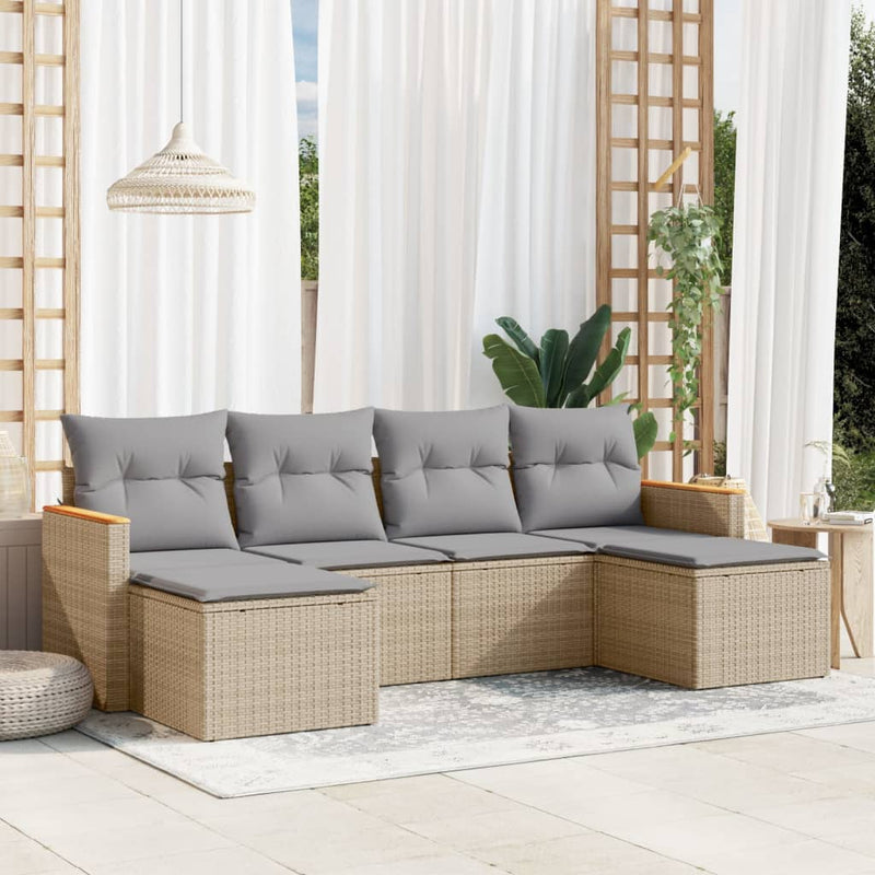 6-delige Loungeset met kussens poly rattan gemengd beige