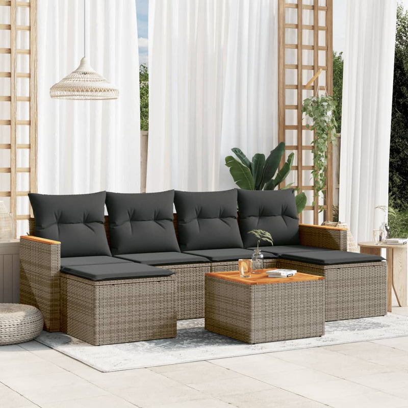 7-delige Loungeset met kussens poly rattan grijs