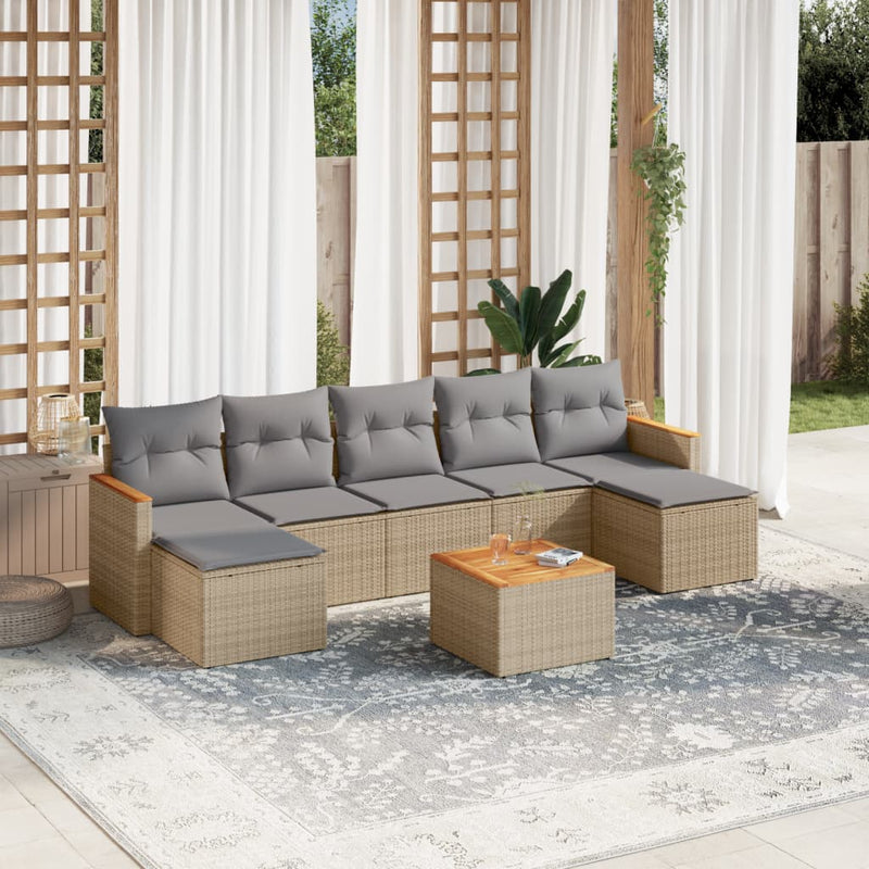 8-delige Loungeset met kussens poly rattan gemengd beige