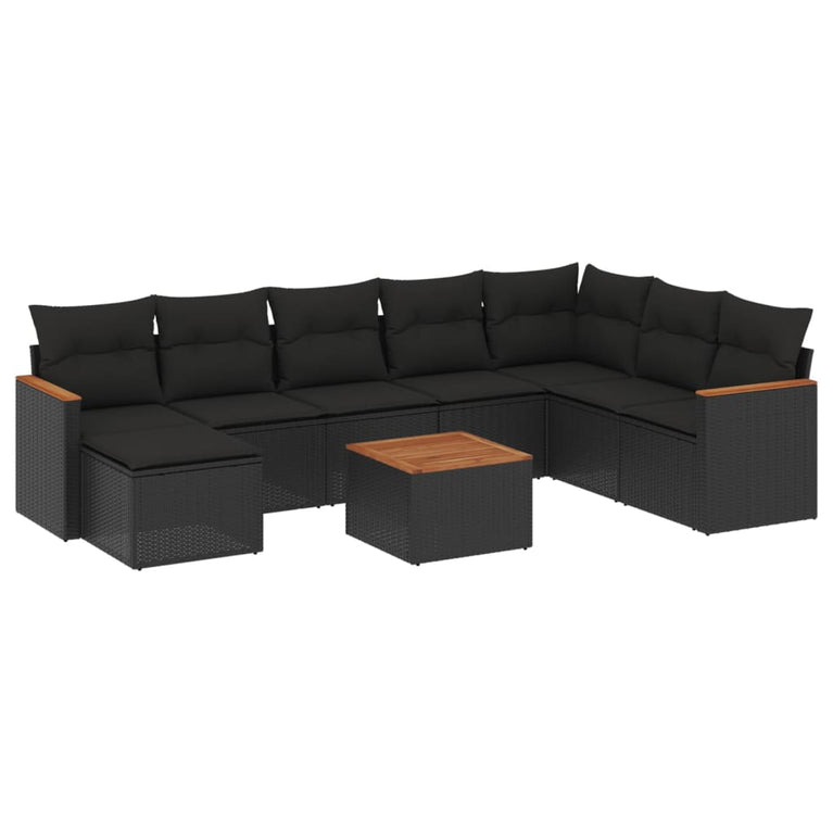 9-delige Loungeset met kussens poly rattan zwart
