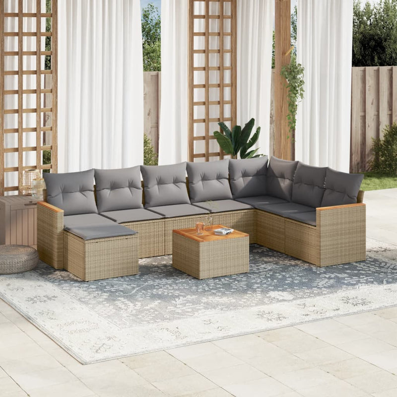 9-delige Loungeset met kussens poly rattan gemengd beige