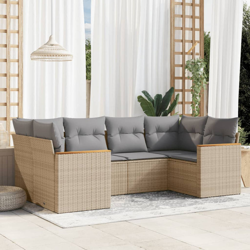 6-delige Loungeset met kussens poly rattan gemengd beige
