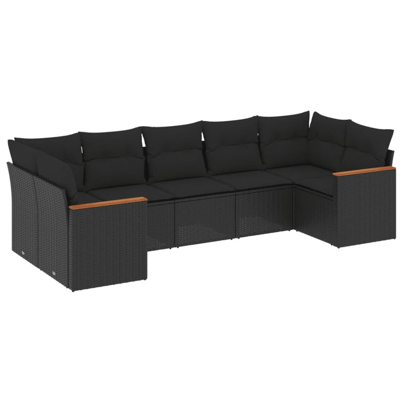 7-delige Loungeset met kussens poly rattan zwart