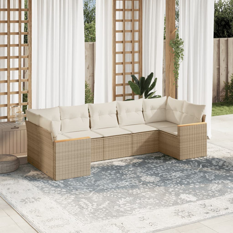 7-delige Loungeset met kussens poly rattan beige