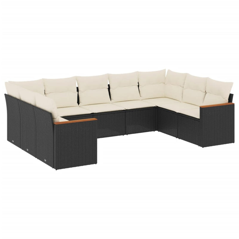9-delige Loungeset met kussens poly rattan zwart