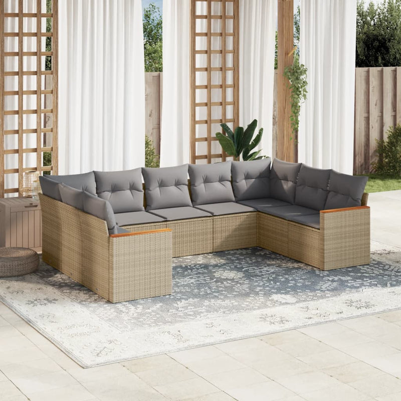 9-delige Loungeset met kussens poly rattan gemengd beige