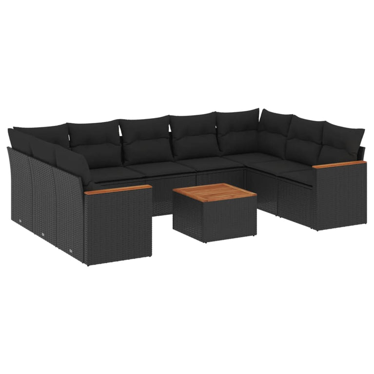 10-delige Loungeset met kussens poly rattan zwart