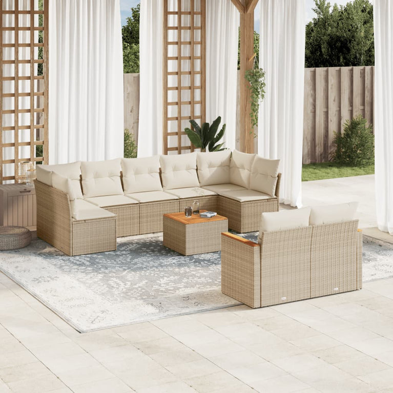 10-delige Loungeset met kussens poly rattan beige