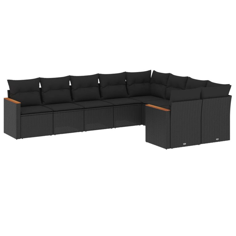 9-delige Loungeset met kussens poly rattan zwart