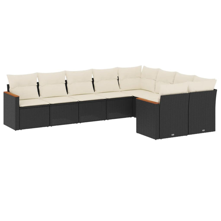 9-delige Loungeset met kussens poly rattan zwart