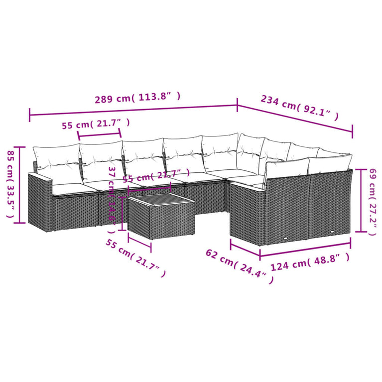 10-delige Loungeset met kussens poly rattan beige