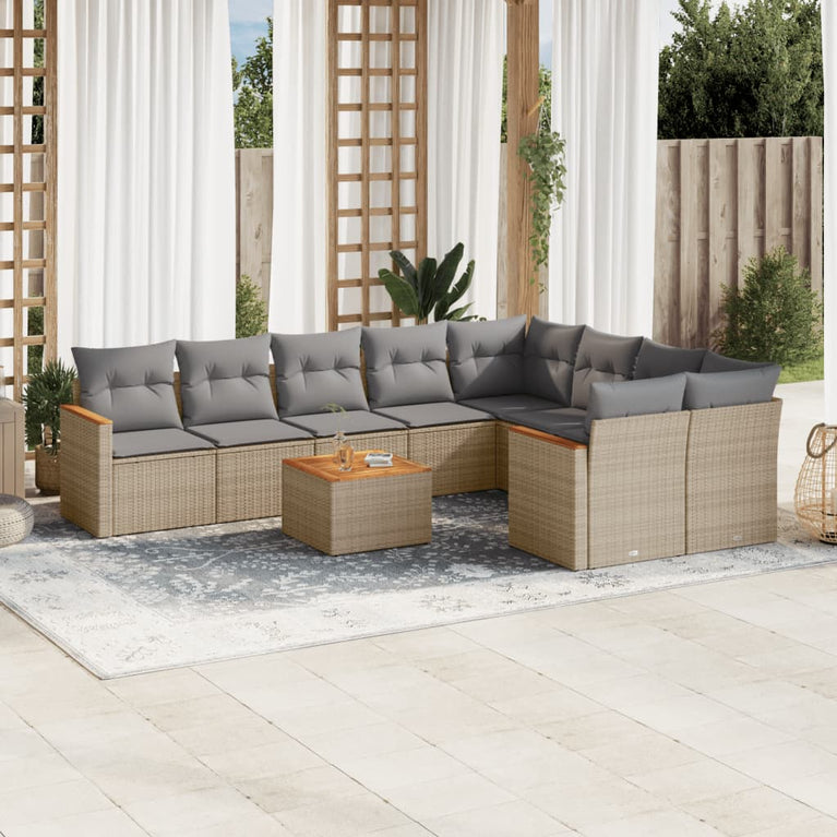 10-delige Loungeset met kussens poly rattan gemengd beige