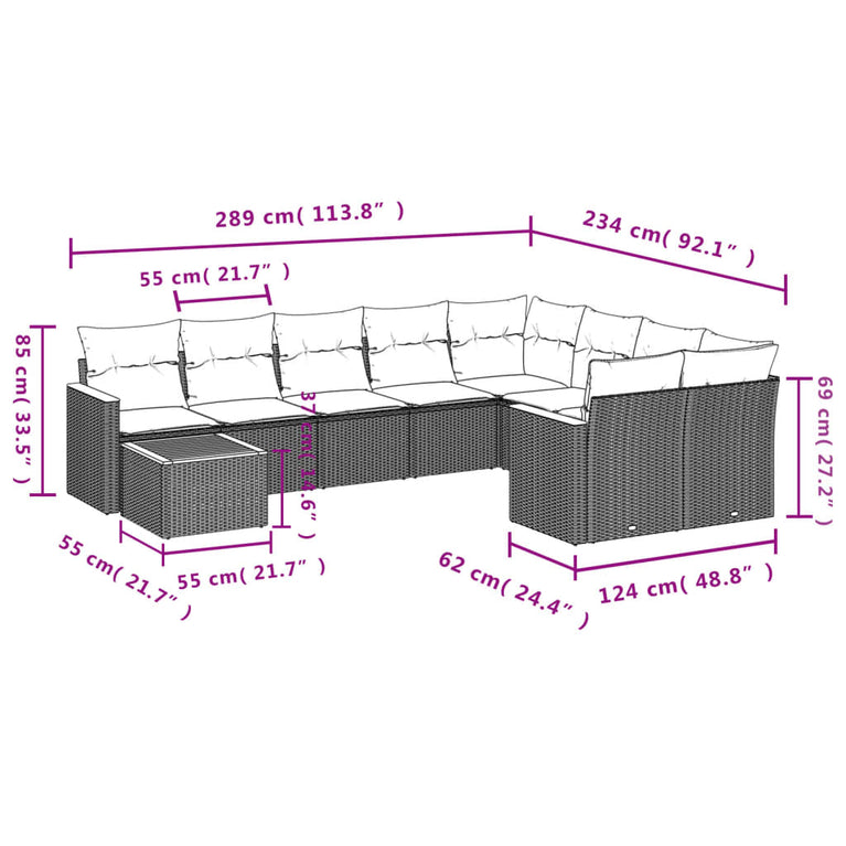 10-delige Loungeset met kussens poly rattan gemengd beige