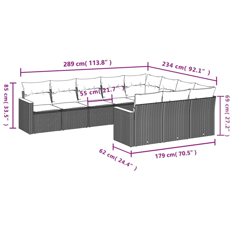 10-delige Loungeset met kussens poly rattan gemengd beige