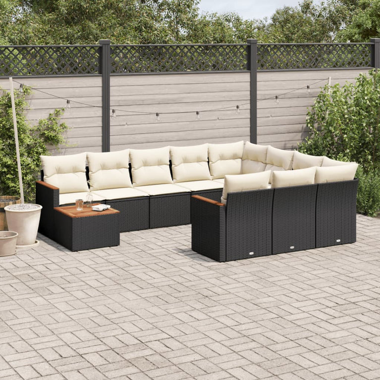 11-delige Loungeset met kussens poly rattan zwart