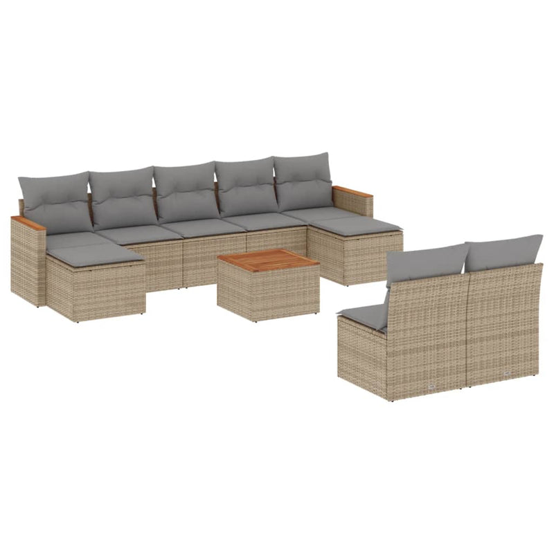 10-delige Loungeset met kussens poly rattan gemengd beige