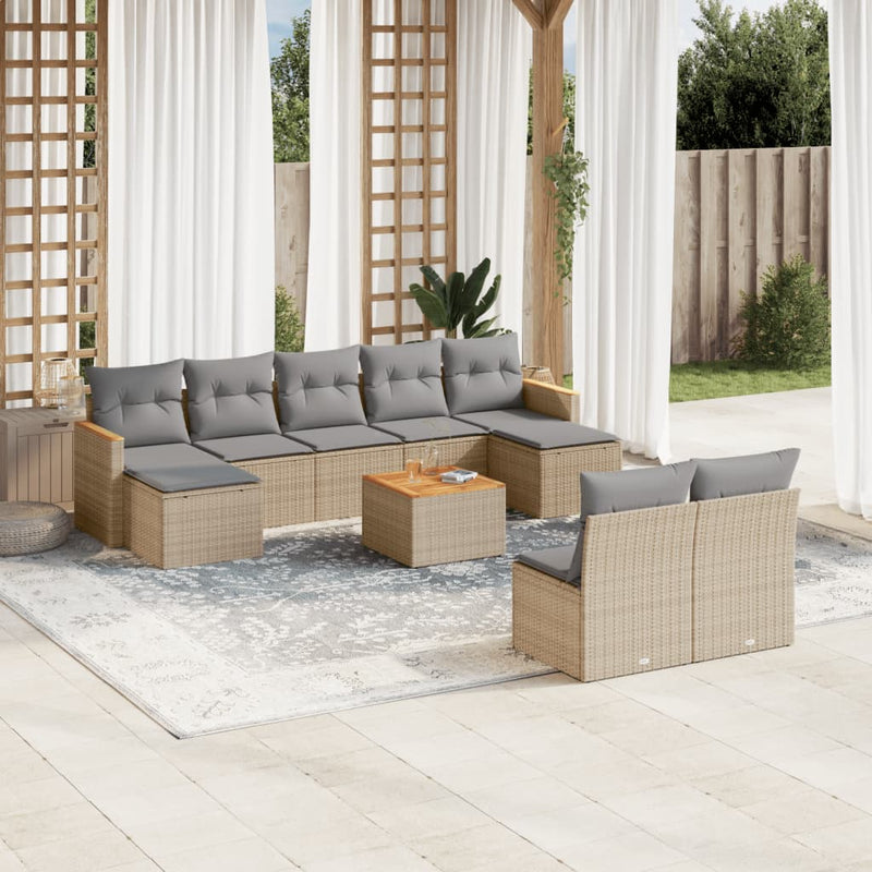 10-delige Loungeset met kussens poly rattan gemengd beige