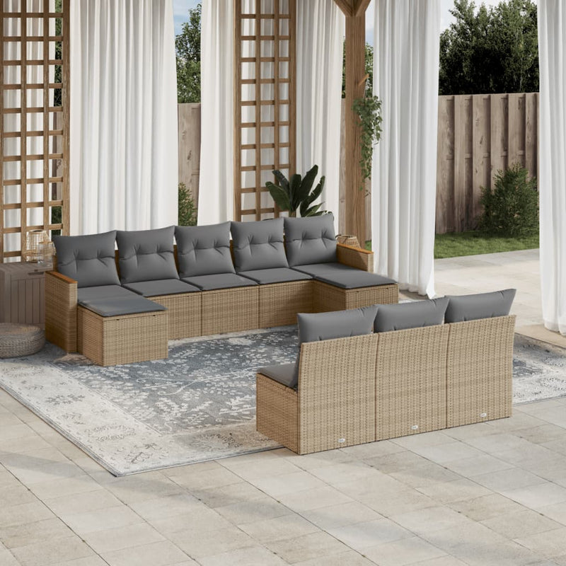 10-delige Loungeset met kussens poly rattan gemengd beige