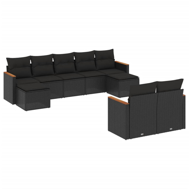 9-delige Loungeset met kussens poly rattan zwart