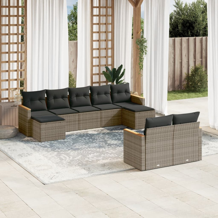 9-delige Loungeset met kussens poly rattan grijs