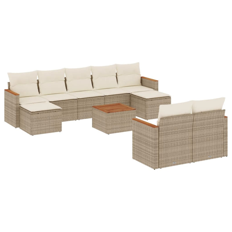 10-delige Loungeset met kussens poly rattan beige