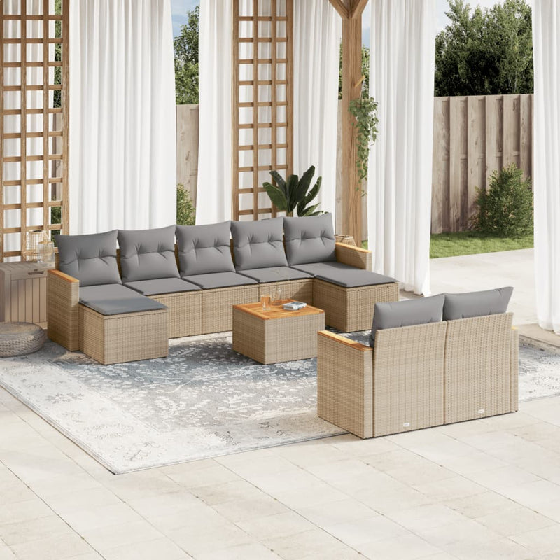 10-delige Loungeset met kussens poly rattan gemengd beige