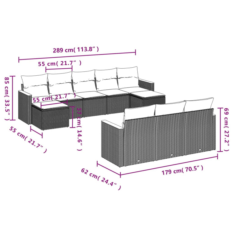 10-delige Loungeset met kussens poly rattan beige