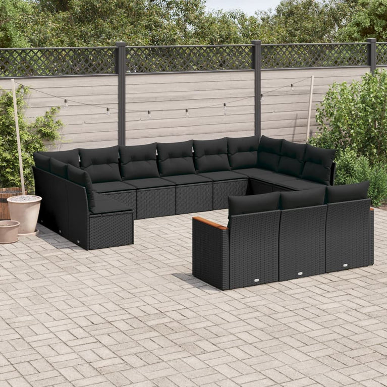 13-delige Loungeset met kussens poly rattan zwart