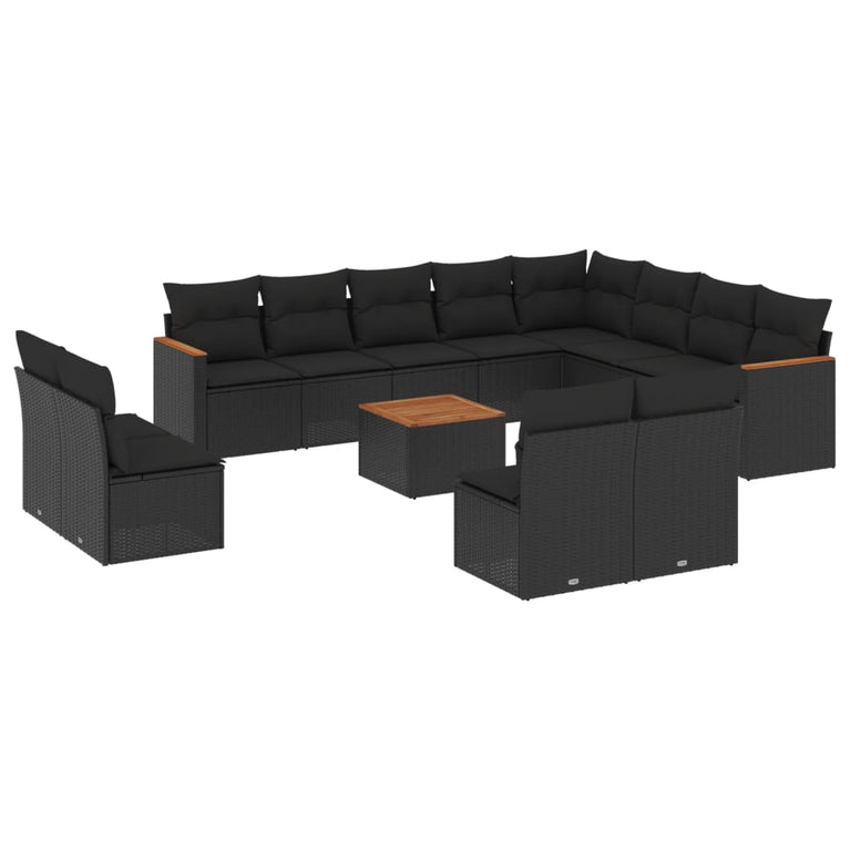 13-delige Loungeset met kussens poly rattan zwart