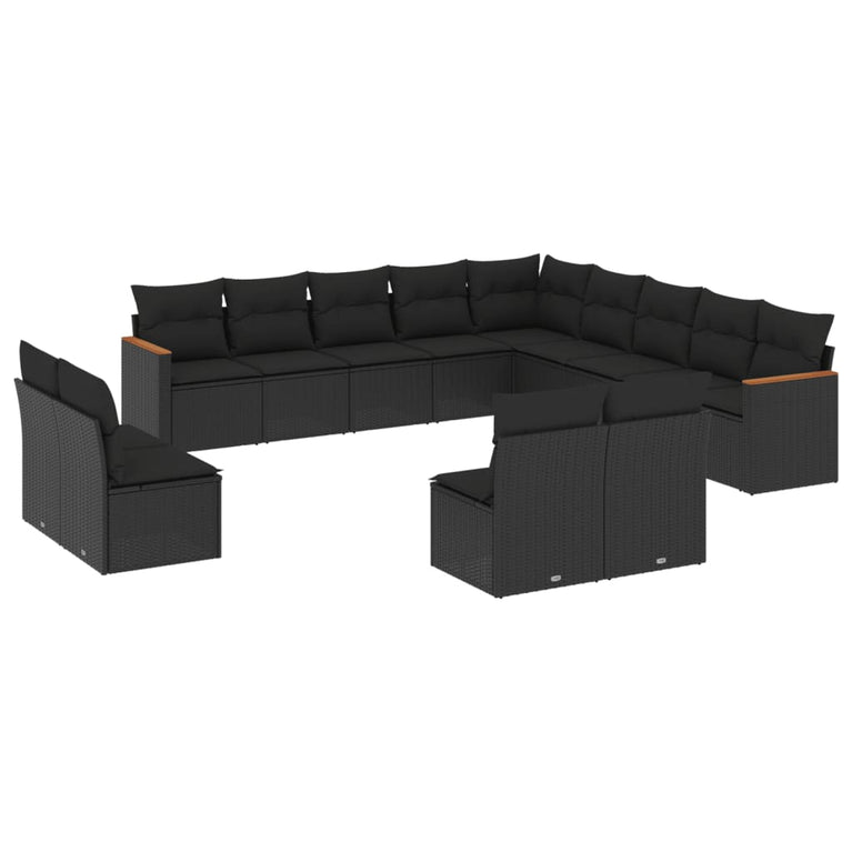 13-delige Loungeset met kussens poly rattan zwart