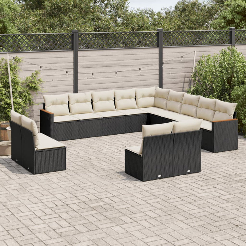 13-delige Loungeset met kussens poly rattan zwart