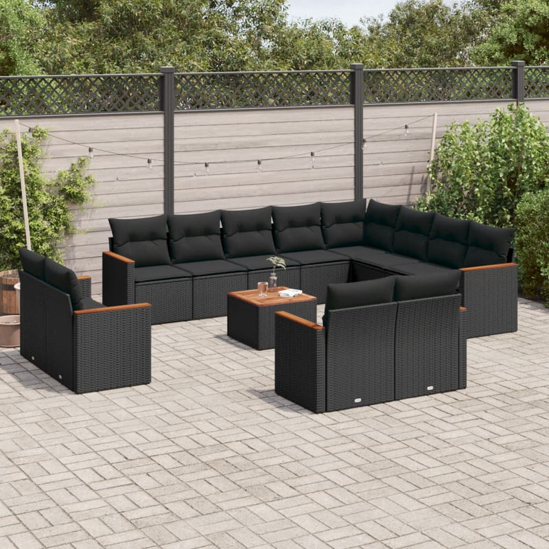 13-delige Loungeset met kussens poly rattan zwart