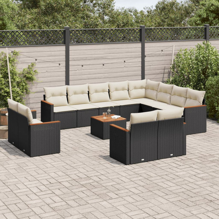 13-delige Loungeset met kussens poly rattan zwart