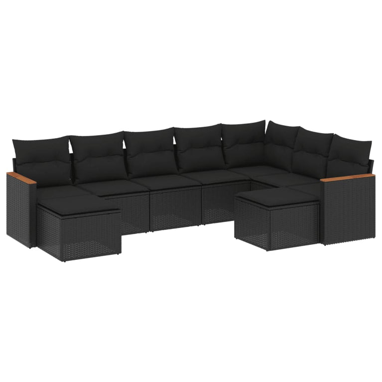 9-delige Loungeset met kussens poly rattan zwart